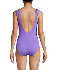 Lands' End Women's Chorine Resistant Tie Shoulder V-neck High Leg One Piece Swimsuit