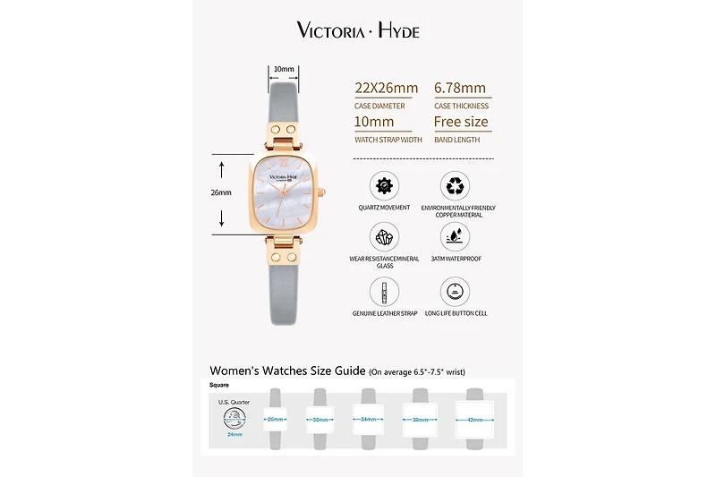 Women's Watch 22×26mm Rectangle Mother-of-pearl or Brushed Sunburst Dial Victoria Hyde