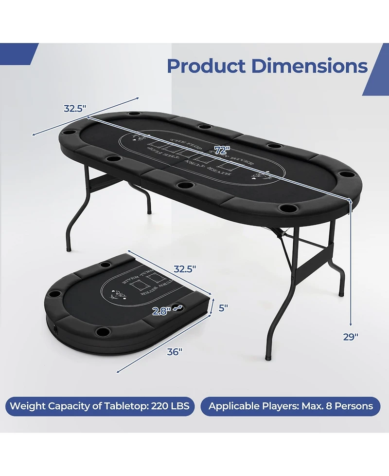 Gouun 72 Inch Foldable Poker Table for 8 Players Portable Oval Card Board Game