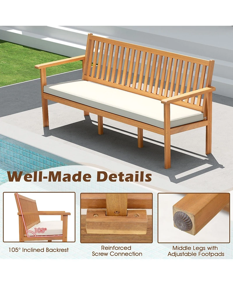 Gouun Outdoor 3-Seat Wood Bench with Seat Cushion and Slatted Seat