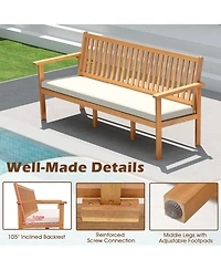 Gouun Outdoor 3-Seat Wood Bench with Seat Cushion and Slatted Seat