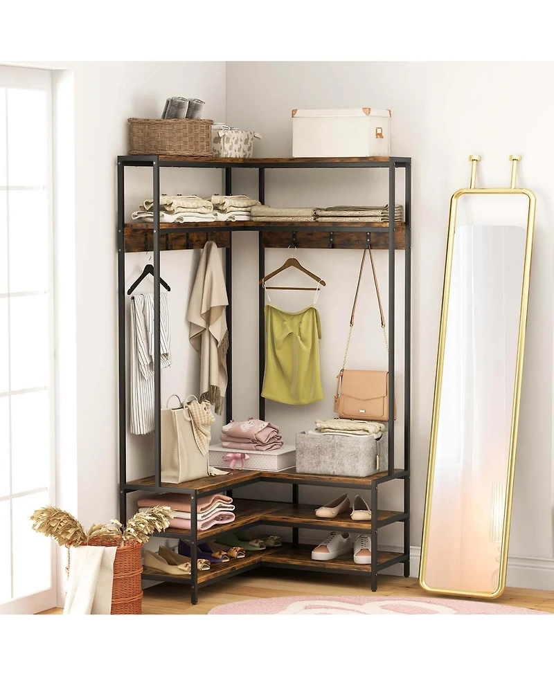 Corner Garment Rack L-shaped Clothes with Open Shelves & Adjustable Foot Pads