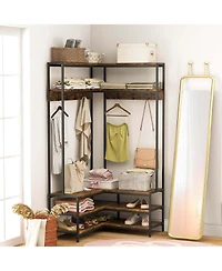 Corner Garment Rack L-shaped Clothes with Open Shelves & Adjustable Foot Pads
