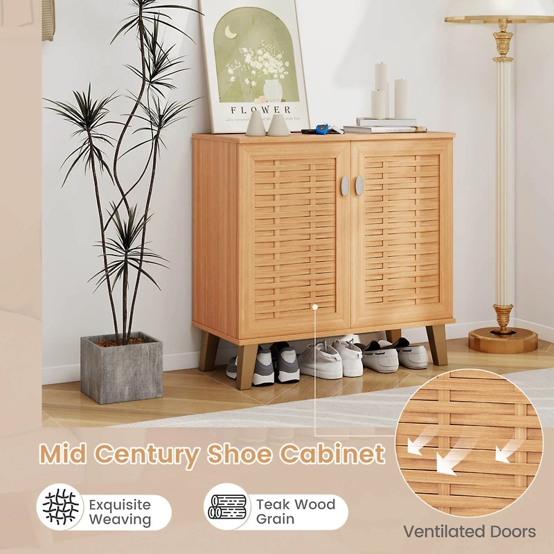 2-Door Shoe Cabinet with Ventilated Woven Doors & 3 Removable Shelves for Entryway