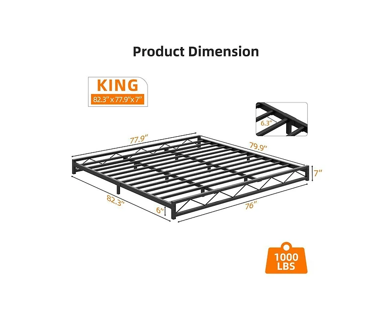 gaomon 6 Inches King Size Metal Platform Bed Frame,Low Bed Frame with Steel Slat Support, Mattress Foundation, No Box Spring Needed, Easy Assembly