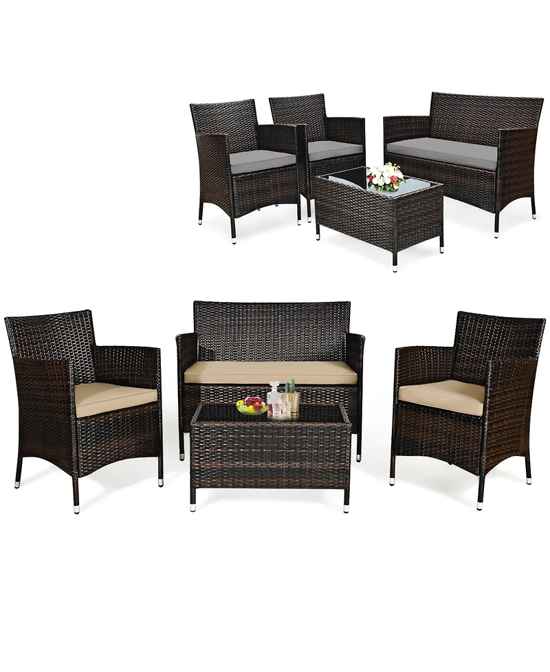 Gouun 4 Pieces Comfortable Outdoor Rattan Sofa Set with Glass Table