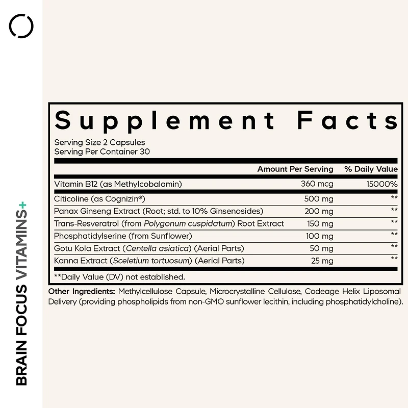 Codeage Brain Focus Vitamins+ Nootropic Supplement with Citicoline as Cognizin, Panax Ginseng, Resveratrol, Gotu Kola, Vitamin B12 Methylcobalamin