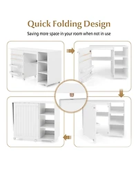 Folding Sewing Table with Storage Shelves 2 Storage Bins & 18 Pegs Lockable Casters