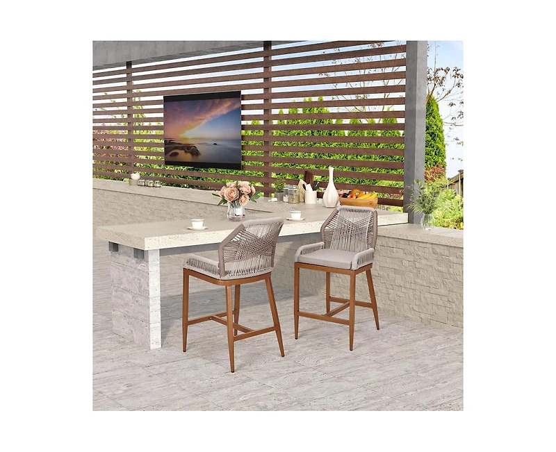 Woven Outdoor Counter Height Bar Stools Chairs Set of 2, Rattan Garden with Aluminum Frame, Modern Barstool Backrest for Kitchen,