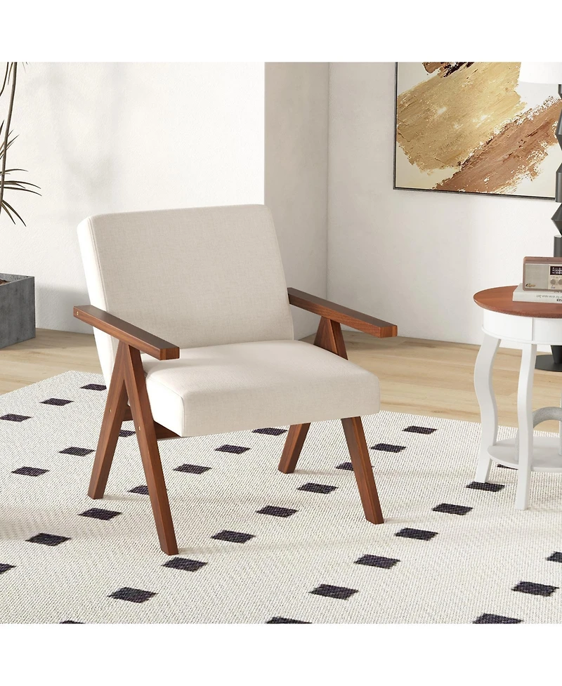 Gouun Modern Accent Chair Linen Fabric Armchair with Solid Acacia Wood Frame