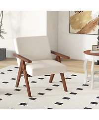 Gouun Modern Accent Chair Linen Fabric Armchair with Solid Acacia Wood Frame