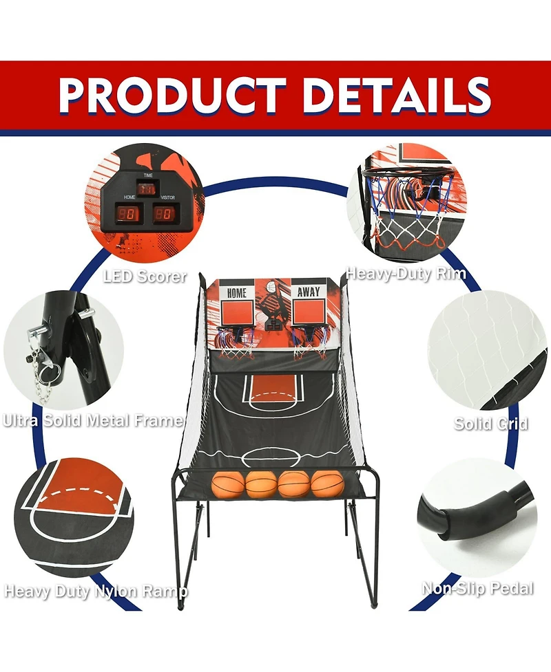 Sugift Foldable Basketball Arcade Game w/Led Scoring, Dual Shot Indoor Hoop Game for 2 Players, Includes 4 Balls