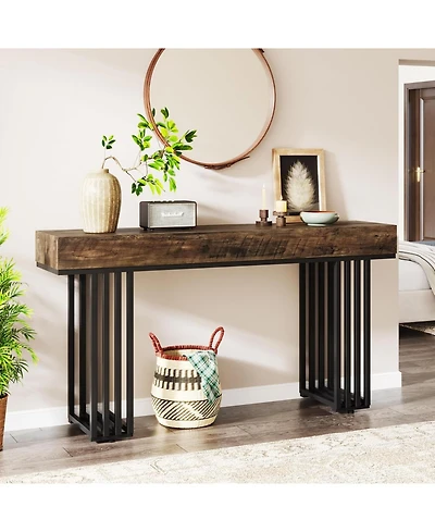 Tribesigns 55-Inch Console Table for Entryway, Industrial Wood Hallway Table with Stylish Metal Frame, Sofa Foyer Table for Living Room, Entrance, Bla