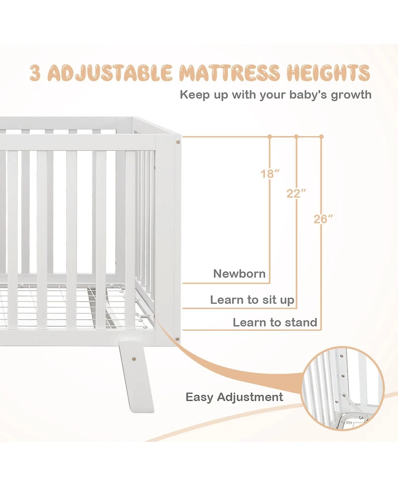Gymax Wooden Baby Crib 3-Height Adjustable Wood Mini Crib Non-Toxic Finish