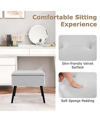 Velvet Vanity Stool Ottoman with Storage Solid Wood Legs Flip-Up Top for Entryway