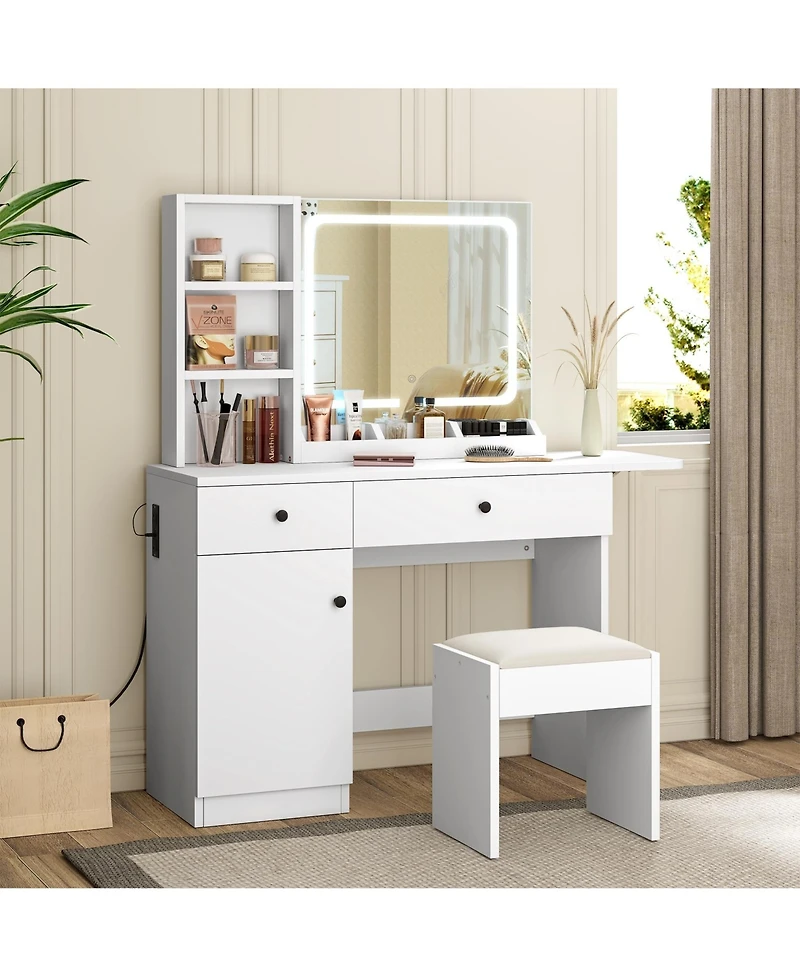 gaomon Vanity Desk with Led Lighted Mirror & Power Outlet, Makeup Vanity with Drawers & Cabinet & Chair