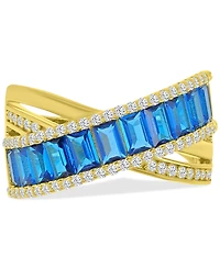 Simulated Emerald Nano & Cubic Zirconia Crossover Statement Ring 14k Gold-Plated Sterling Silver (Also available Blue Spinel and Zirconia)