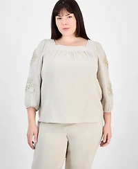 Jm Collection Plus Cotton Square-Neck Floral-Applique Top, Exclusively at Macy's