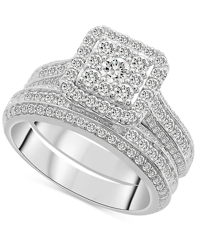 Diamond Halo Cluster Bridal Set (1-1/2 ct. t.w.) in 14K White Gold