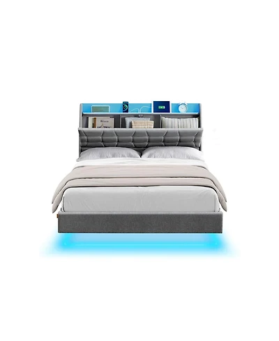 Slickblue Queen Size Floating Bed Frame with Led Lights and Built-In Charging Station for Modern Convenience