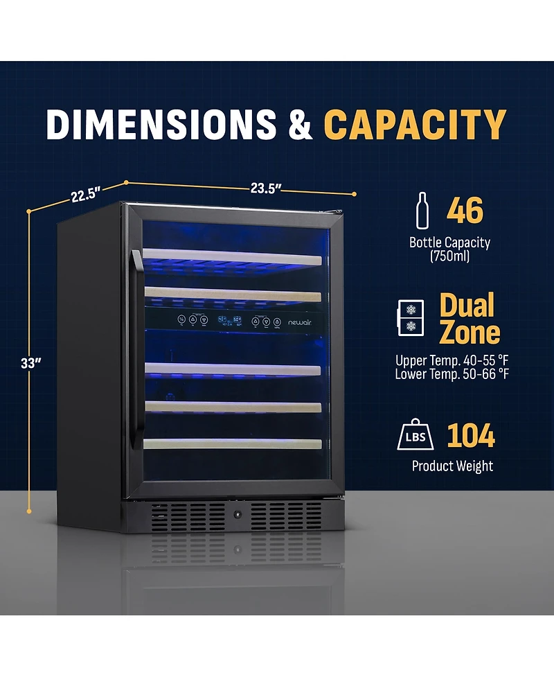 Newair 24-inch 46 Bottle Wine Cooler Refrigerator, Built-in Dual Zone Wine Fridge in Black Stainless Steel, Quiet Operation with Beechwood Shelves