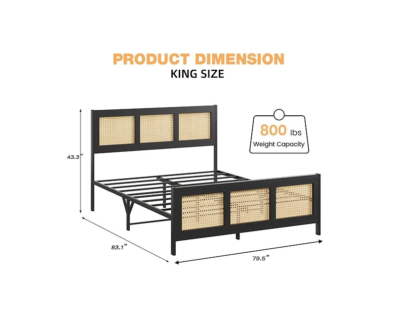 gaomon King Size Rattan Bed Frame with Headboard, Black Boho Cane Platform Bed Frame with Strong Metal Slat, Noise Free