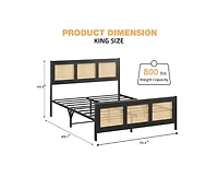 gaomon King Size Rattan Bed Frame with Headboard, Black Boho Cane Platform Bed Frame with Strong Metal Slat, Noise Free
