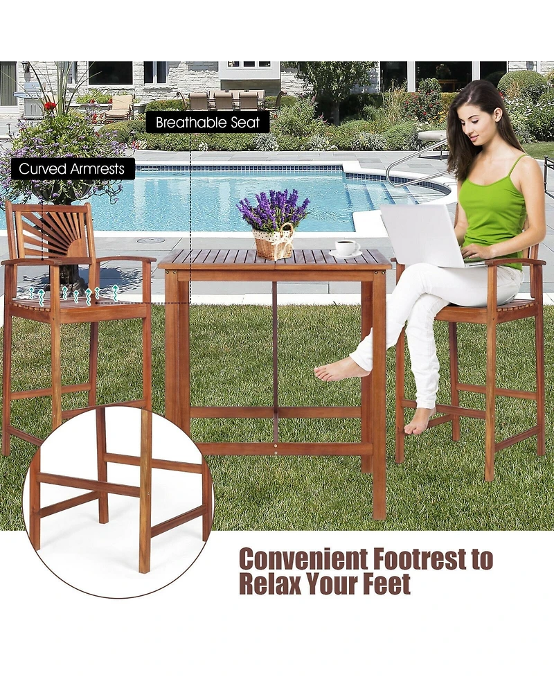 Gouun 3 Pieces Acacia Wood Patio Bar Set with Sunflower Patterned Backrest