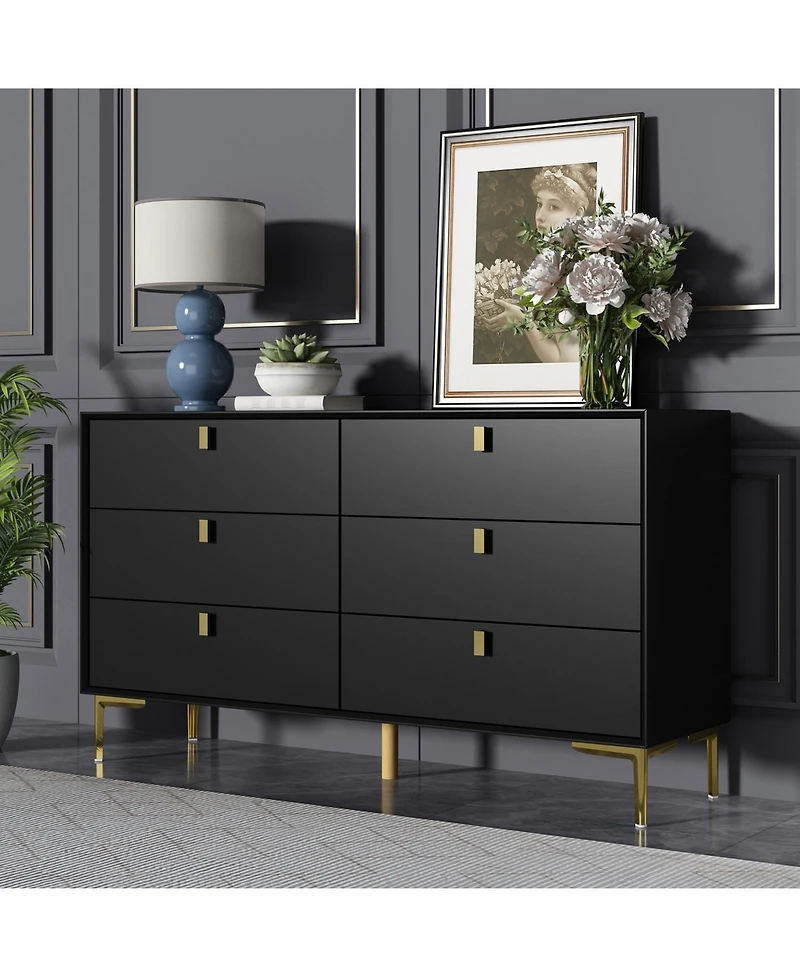 Homsee Black 6-Drawers Classic Wooden Cabinet with Golden Legs and Handles