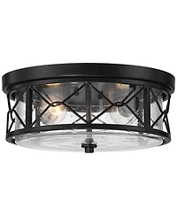 Franklin Iron Works Quincy 14" Industrial Flush-Mount Ceiling Light Fixture Kitchen Foyer Hallway Round 2-Light Black Seeded Glass