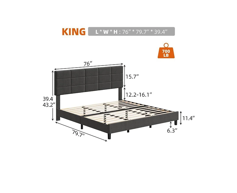 gaomon King Bed Frame, Linen Upholstered Platform King Bed Frame with Height Adjustable Headboard, Metal Frame King Bed Frame with Strong Wood Slats a