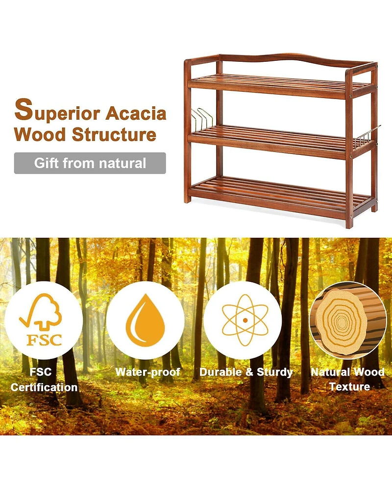 Gouun 3-Tier Acacia Wood Shoe Rack with Side Metal Hooks