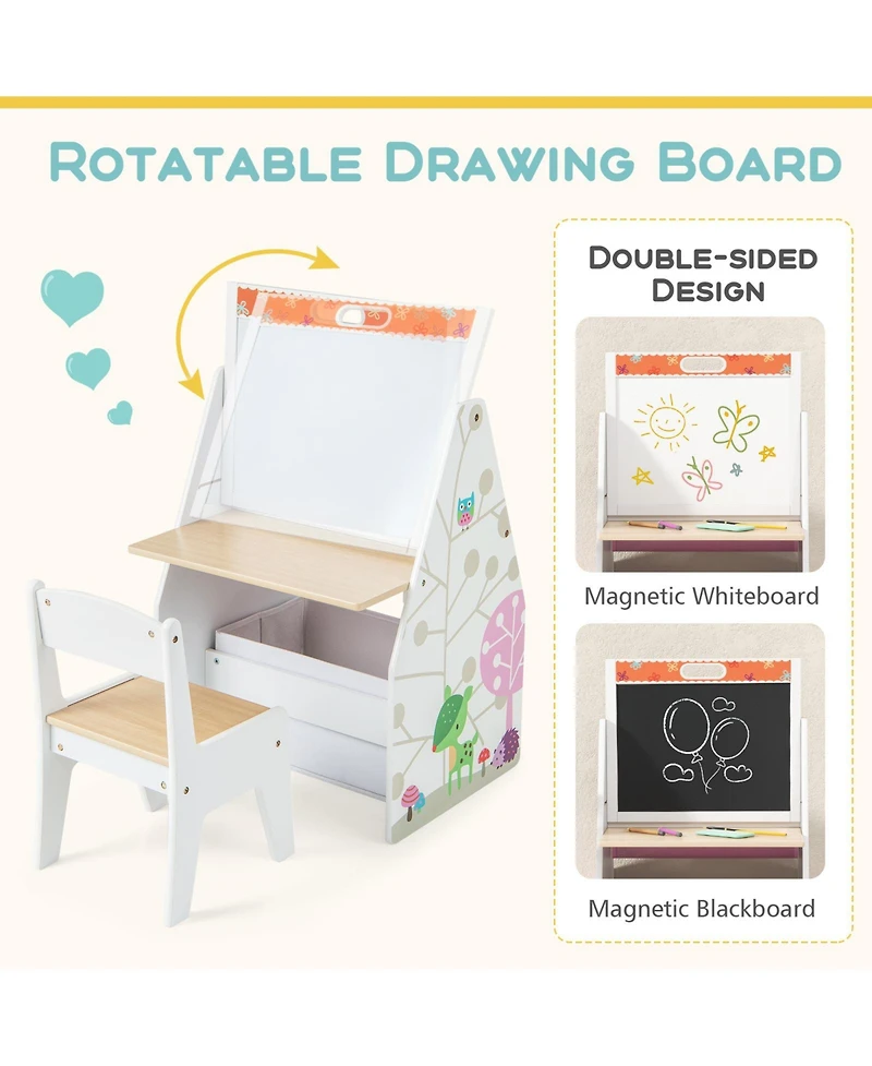 Gouun 3 in 1 Kids Easel and Play Station Convertible with Chair and Storage Bins