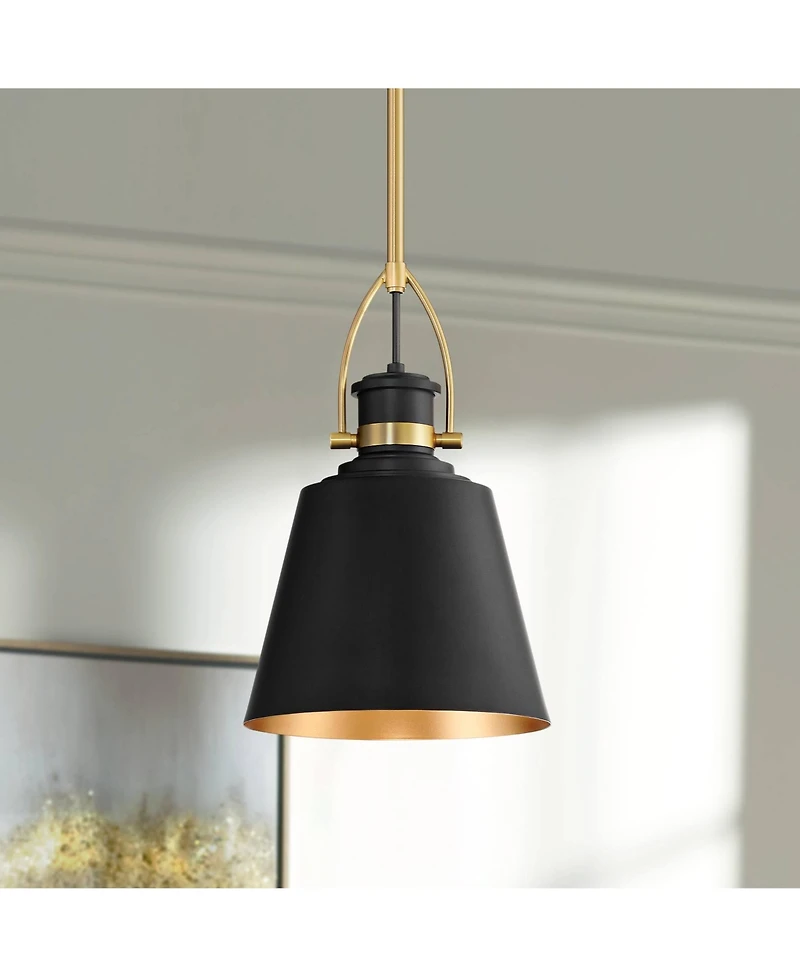 Possini Euro Design West 8" Mid Century Modern Pendant Ceiling Light Fixture Dining Room Over Table Matte Black Sand Gold Finish Mini