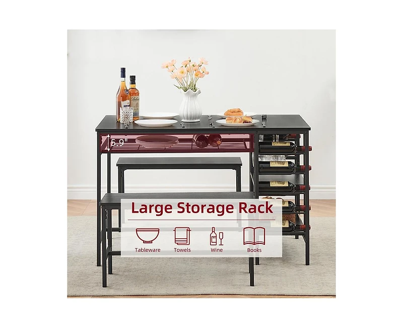 gaomon Dining Table Set for 4, Kitchen Table Set for 4 with 2 Benches, Rectangular Dining Room Table Set with Wine Rack & Storage Shelves, 3 Piece Din