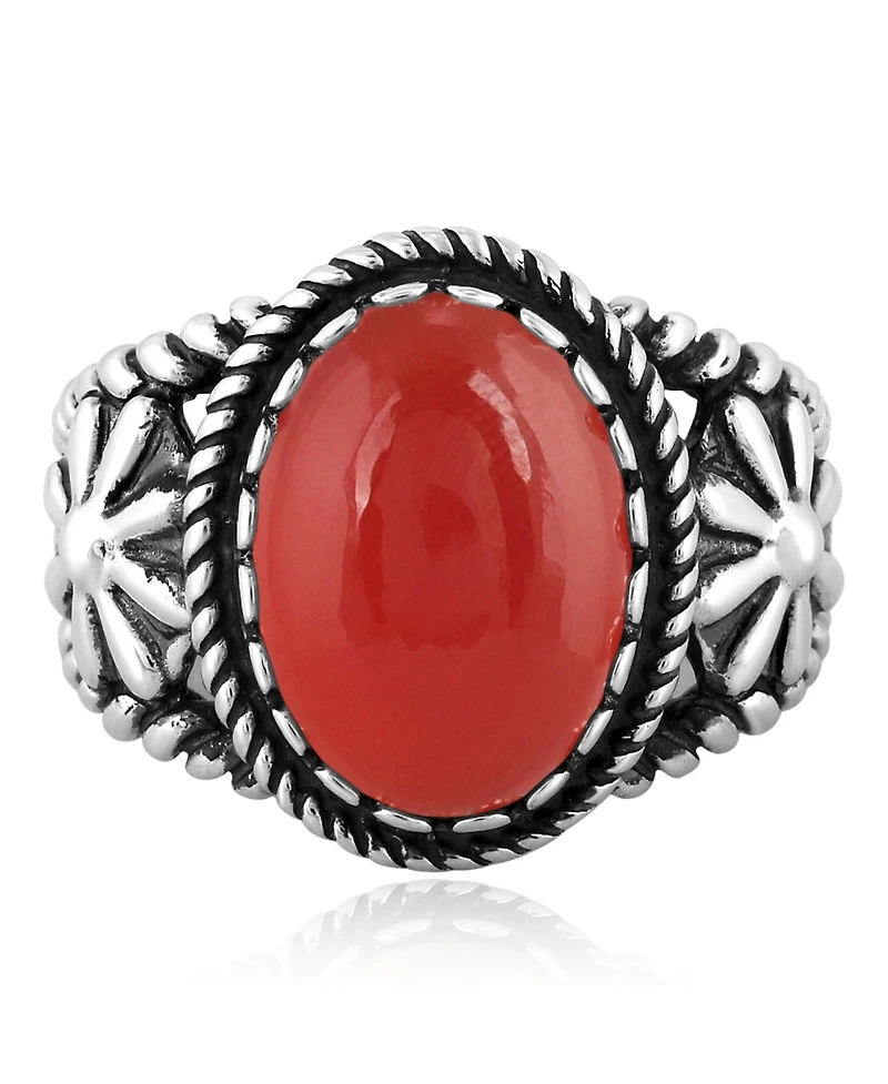 American West Jewelry Sterling Silver Red Onyx Concha Flower Design Ring