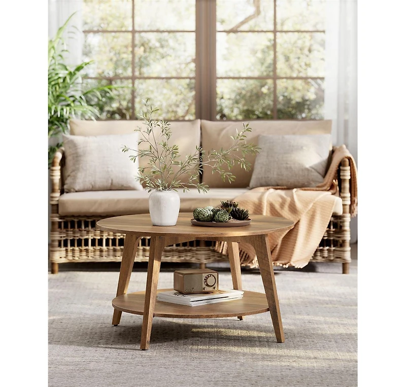 2-Tier Round Coffee Table with Open Storage Shelf for Living Room