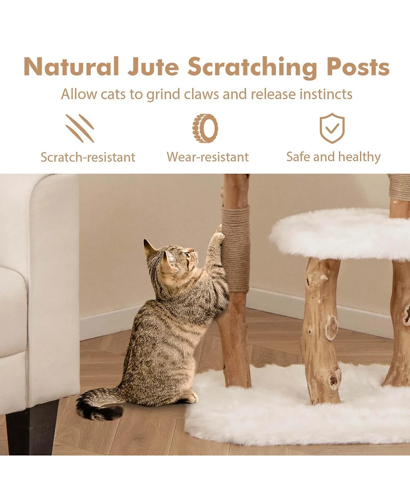 Solid Wood Cat Tree with Perch Natural Jute Scratching Posts Dangling Ball