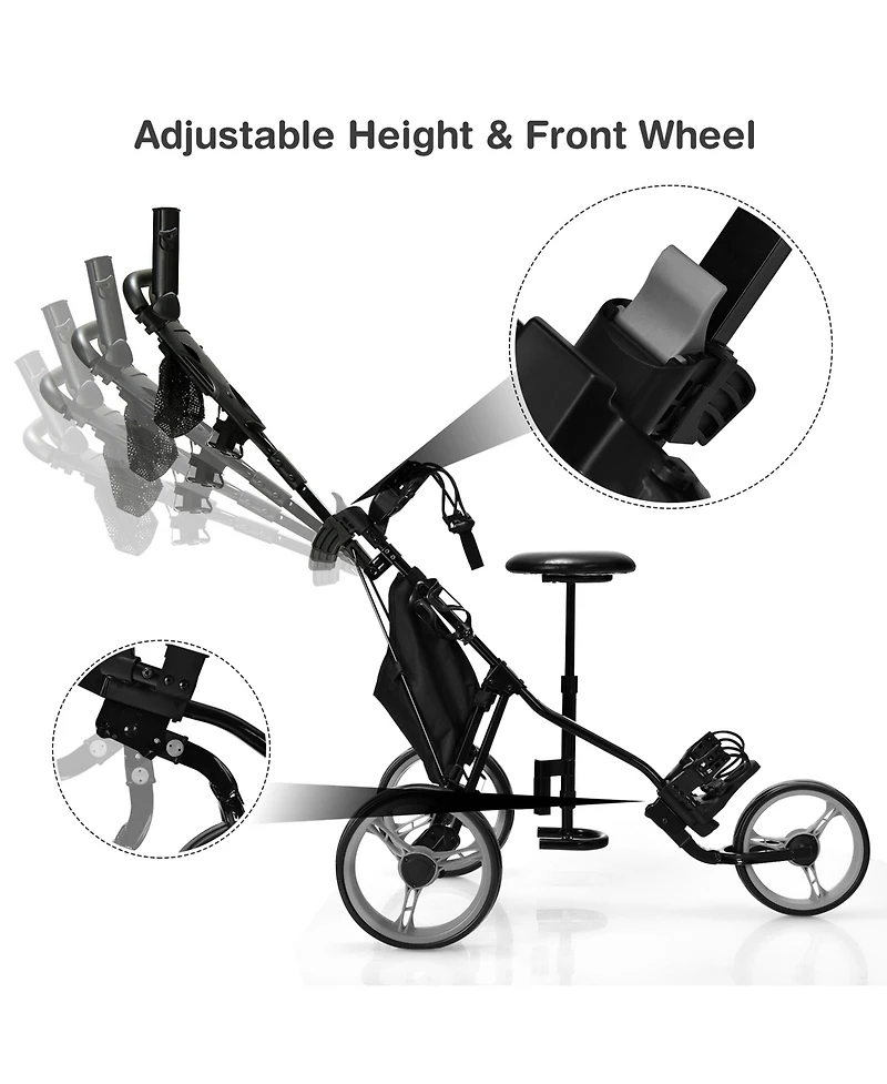 Gymax 3-Wheel Foldable Golf Push Pull Cart Trolley w/ Seat Adjustable Handle