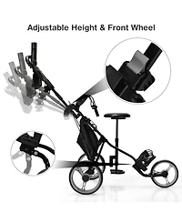 Gymax 3-Wheel Foldable Golf Push Pull Cart Trolley w/ Seat Adjustable Handle