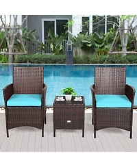 Sugift 3 Pieces Patio Cushioned Rattan Converstaion Set With Glass Table Top