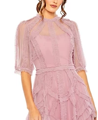 Mac Duggal Women's High Neck Puff Sleeve Ruffle Tiered Dress