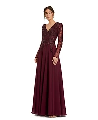 Mac Duggal Women's Embellished Illusion V Neck Long Sleeve Gown