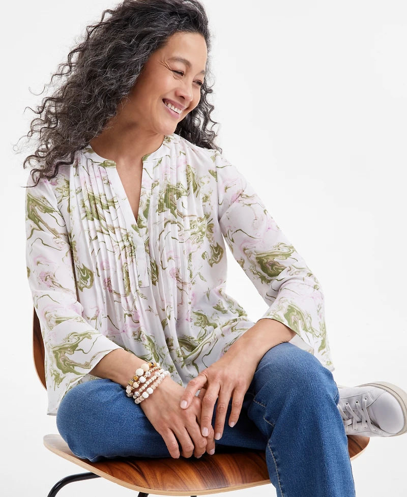 Style & Co Petite Pintuck Long-Sleeve Top, Exclusively at Macy's