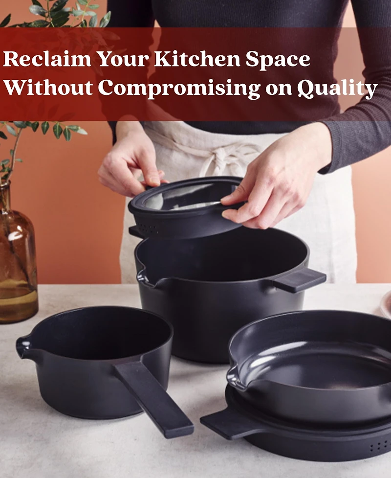 Alva Neat 5-Piece Nesting Cookware Set – Stackable Nonstick Pots & Pans with Universal Lids Space-Saving Design for Apartments, RVs Compact Storage