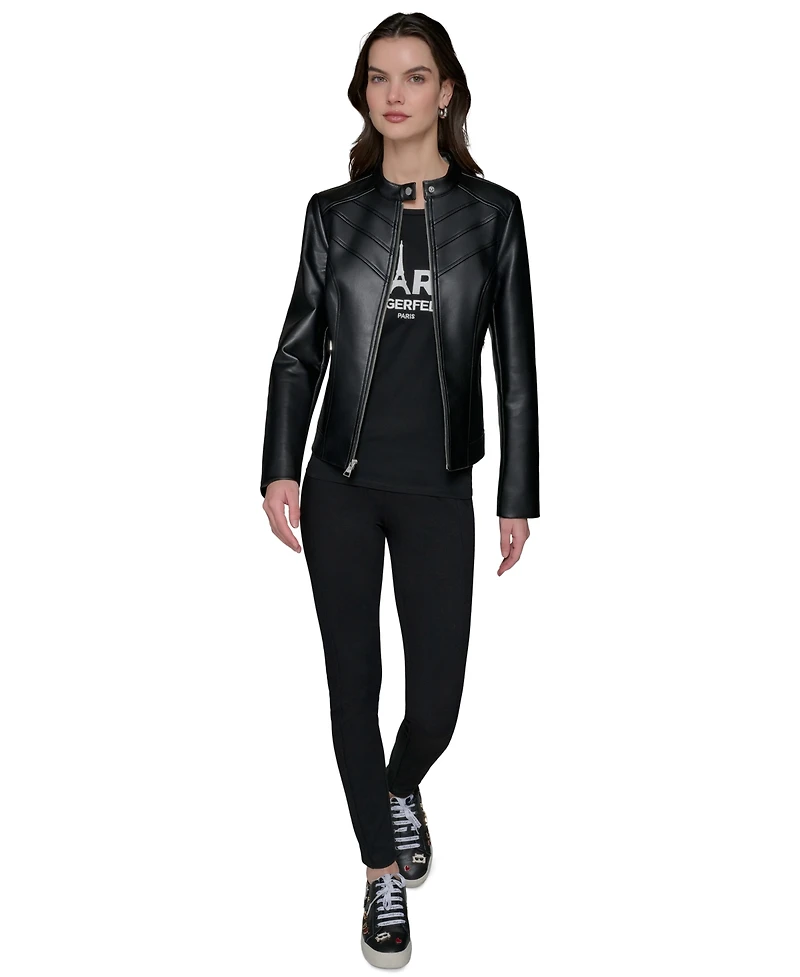 Karl Lagerfeld Paris Women's Fitted Mock-Neck Faux-Leather Jacket