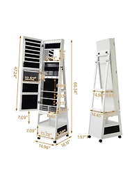 gaomon 360° Swivel Jewelry Armoire with Full Length Mirror, Led Vanity Mirror with Jewelry Storage Drawer, Shelf, Wheels, Freestanding Lockable J