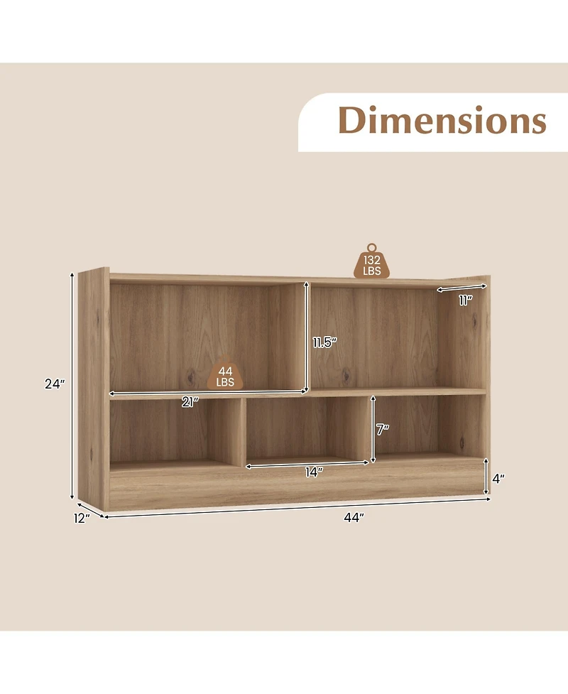 Gouun Kids 2-Shelf Bookcase 5-Cube Wood Toy Storage Cabinet Organizer