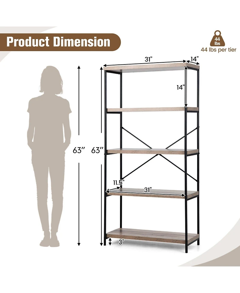 Gouun 5-Tier Industrial Bookshelf Display Storage Rack with Metal Frame