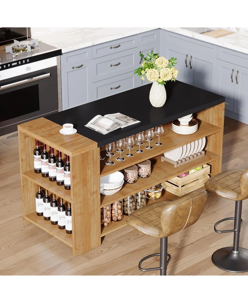 Tribesigns 55" Kitchen Island with Storage, Farmhouse 5-Tier Stationary Island Table with 5 Shelves, Wood Coffee Bar Table Storage Cabinet with Large